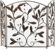 Fireplace Screen Guard, Fireplace Screen, American Country Vase Flower and Leaf Pattern Metal Belt Mesh Fire Protection Living Room Three Panel - Red Copper