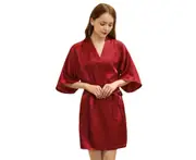 Women's Plus Size Silky Robes Satin Short Kimono Bathrobe Soft Sleepwear-Purple red