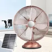 12 Inch Portable Golden All Metal Made Table Fan, Rechargeable Fan With Solar Panel Powered And AC Charger Dual Input For Indoor Housing, Office, Camping, Fishing Outdoors(A,23400 mAh)