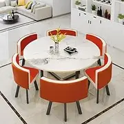 Office Conference Dining Table and 6 Chair Set,Round Reception Coffee Table Meeting Table,Space Saving Table and Chair Set(Orange)