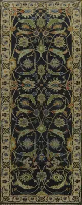 Handmade All-Over Traditional Navy Blue Floral Oushak Style Runner Rug 3x8 Ft