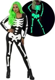 Womens Sexy Glow in The Dark Skeleton Bodysuit Ladies Halloween Bodysuit Costume