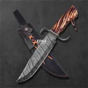 Handmade Damascus Steel Classic Bowie Knife With Leather Sheath -Ash Wood Handle