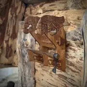 Viking Weapon Stand Hand-Carved Oak Rack for Swords, Axes & Spears