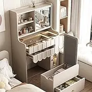 FUKEFUZ Vanity with Mirror, Vanitys Desk with Tempered Glass Surface and Storage Top Cabinet, Makeup Table with Ambient Light Bar, Optional Soft Makeup Stool with Storage Space(B,31.5in)