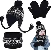 [KiRYu] Kids Winter Hat Scarf Gloves Set, 3 in 1 Warm Beanie Thermal Knitted Cap Gloves Neck Warmer Grey Pom Bobble Fluffy Hat Toddler Soft Fleece Outdoor Winter Accessories Sets 5-10 Girls