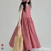 在飛比找momo購物網優惠-【ACheter】複述色織棉麻圓領超大擺寬鬆無袖背心連身裙舒