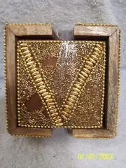 Set Of 4 Monogram " V " Drink Coasters Wood & Gold With Matching Holder New