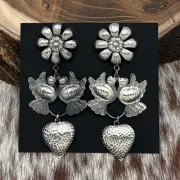 FEDERICO JIMENEZ Sterling Silver Floral Love Birds Heart Statement Post Earrings