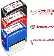 XunYee 3 Pcs Rectangular Teacher Stamp Self Inking Includes Homework, Completed Together, Please Sign & Return Stamp, Refillable Teacher Stamps for Teacher School Classroom Business Office, Red Ink