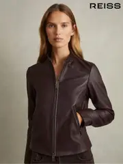 Reiss Berry Allie Leather Collarless Biker Jacket (E54481) | $670