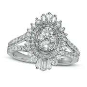 1.25 CT. T.W. Composite Natural Diamond Oval Starburst Frame Split Shank Ring in Solid 14K White Gold