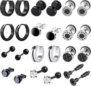 [VELESAY] 12 Pairs of Earrings Men's Stainless Steel Black Stud Earrings Set Hypoallergenic Women's Cubic Zirconia Hoop Earrings Piercing Cartilage Earrings for Men Women