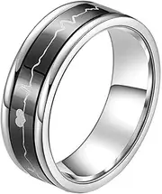 [HIJONES] Unisex 7MM Love ECG Heartbeat Spinner Ring Stainless Steel Wedding Promise Band Black Blue