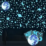 WD&CD Glow in The Dark Stars Wall Stickers, Blue Luminous Wall Decals for Ceiling,Solar System Galaxy Space Nursery Wall Stickers Rocket Kids Girls Boys Room Decorations for Bedroom