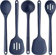 Long Silicone Cooking Utensil Set - U-Taste Heat Resistant Kitchen Accessories, BPA-Free Non-Scratch Solid & Slotted Turner and Spoon, Soup Ladle for Non-Stick Cookware (5 PCS, Midnight Blue)