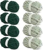 HOMBYS 8 Pack Assorted Chunky Yarn for Crocheting,Super Bulky Large Soft Fluffy Yarn,Plush Fuzzy Yarn,Thick Chenille Yarn for Hand Knitting/Arm Knitting,4 Green & 4 Dark Green(27yds,8 oz Each Skein)