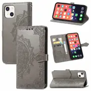 For iPhone 13 Case,Mandala Emboss PU Leather Wallet Cover,Lanyard,Grey