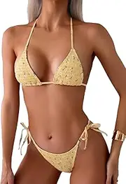 [COOLOYA] Women's Smocked Floral Print 2 Piece Bikini Sets Triangle Padded Halter Bathing Suits, Yellow, Medium