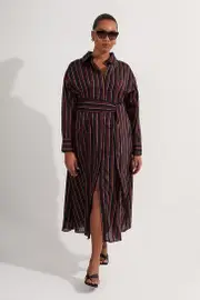 Plus Size Premium Cotton Tailored Belted Shirt Maxi Dress