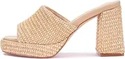 [Monrovia] Womens Sandals Heels for Women Slide On Block Chunky Platform High Heels Open Toe Raffia Wedge Sandals, Natural, 7.5