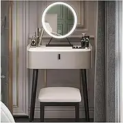Grey Vanity Desk with 1 Large Drawer and Round LED Mirror Makeup Vanity Set Cushion Stool Dressing Table for Bedroom