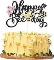 Ephlyn 1 Pack Happy Bee Day Cake Topper Glitter Bumble Bee Theme Cake Pick Decorations for Baby Shower Kids Birthday Party Supplies Black