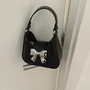 Top Handle Bow Faux Leather Sling Bag Black - S