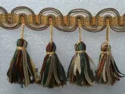 4 yards RIBBON TASSEL FRINGE - BROWN/GREEN/GOLD - 3 1/2" Drapery Fabric Trim