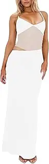[ISZPLUSH] Women’ s Maxi Dress Mesh Patchwork Sexy Backless Hollow Sleeveless Skinny Elegant Clubwear Bodycon Long Dress