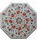 18" White marble corner side Table Top pietra dura stones inlaid marquetry work