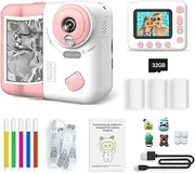 Oimzzr Instant Print Camera Camera 1080P Digital Camera for 2.4 Inch IPS Screen 10X Built-in Battery with Thermal Printing Paper Color Pens Neck Strap 32GB TF Card Birthday Festival Pink