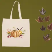 New Hand Printed Autumn Pumpkin Fall Flowers Canvas Shopper Tote Bag