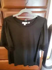 Chicos Stretch Linen Fringe Sleeve Tee Top Women's 2 Large 12 BLACK NWT