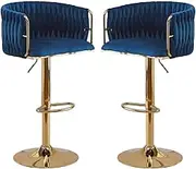 2X Blue Velvet Bar Stools, Height Adjustable 64-85cm, Golden Base, 360˚Swivel