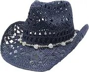 [Generic] Cowboy Hats for Women Classic Straw Cowgirl Beach Hat Music Festival Party Adult Sun Straw Western Cowboy Hats, B-navy, One Size, B-navy, One Size