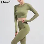 Long Sleeve Crop Top High Waistt Leggings Shirts Mesh Seamless Fitness Yoga Suit