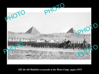 OLD POSTCARD SIZE PHOTO OF AIF AUSTRALIAN ANZAC 4th BATTALION AT PYRAMIDS c1915