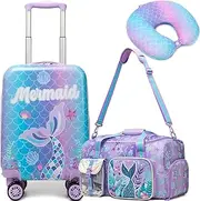 [Inprof] Kid’s Luggage Set 3 Piece Suitcase Set 16’’ Hardside Luggage Carry on Travel Rolling Luggage Airline Approved for Girls and Boys, Mermaid Blue, 16 inch