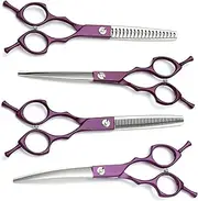 Pet Grooming Scissors Kit,6.5" Chunker Curved Thinning Shears,Japan 440C Steel Dog Grooming Scissors Set,with Ergonomic Handle,for Dog Cats and Other Pets,Professional Tools for Home or Groomer Purple