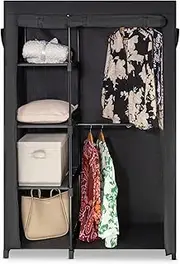 SORTI 6 Tiers Wire Shelving Clothing Garment Racks + Black Cover, with 2 Hanging Rods, Freestanding Portable Closet Metal Wardrobe, 4 Height Adjustable Side Hooks Clothes Rack, Shoe Hat Storage