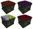 Black Ottoman Bench Storage Utility Crate w/ Zebra Print Removable Seat Cushion