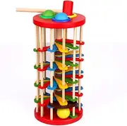 Montessori Children Hand-Eye Coordination Training Wood Toys Roll Wood Tower with Hammer Knock Games Knock Ball Drop Ladder Game