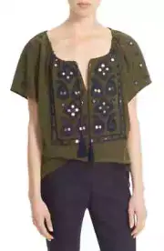 TORY BURCH Dark Green Olive 'Camille' Embellished Silk Peasant Top NWT Sz.6 $325