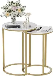 Marble Top Side Table Gold: 2 Nesting Small Sofa End Tables Round Bedside Nest Sets High Gloss Sintered Stone Marble Tabletop with Golden Metal Legs Nested Accent Tables for Living Room Offices