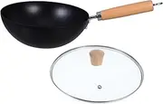 VALICLUD Small Iron Wok Pan with Transparent Lid Non Stick Deep Frying Pot for Home Cooking Wooden Handle for Stir Frying Steaming and More