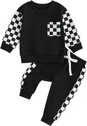 [XIXIMAON] Baby Boy Spring Fall Tracksuit Outfit Long Sleeve Contrast Color Pullover Stretch Jogger Pants 2pcs Newborn Checkerboard Sweatsuit Sets, Black, 12-18 Months