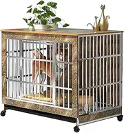 Wooden Dog Crate Furniture, Stainless Steel Dog Crate, Heavy Duty Dog Crate, Modern Side Table with Universal Wheels, 360° Swivel, Free Movement, Suitable for Medium-sized Dogs and Small Dogs(Marble,9