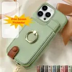 For iPhone 16 15 14 13 12 11 Plus Pro Max Flip Zipper Card Wallet Case With Ring