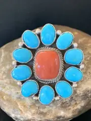 Blue Kingman Turquoise, Coral Navajo Sterling Silver Cluster Ring Size 7.5 11530
